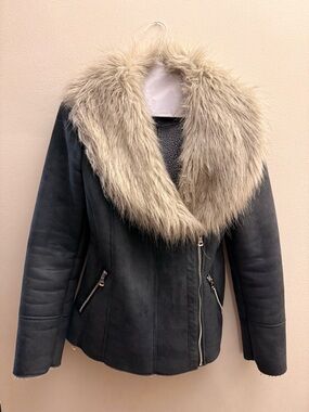 Women’s blue-grey Shearling Jacket with Faux Fur Collar by Guess